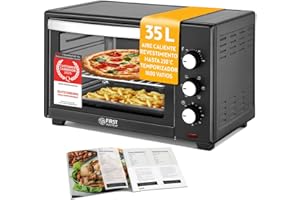 TZS First Austria - Mini Horno 35L 1600W - Minihorno pizza con regulación de temperatura 230°C y revestimiento antiadherente - Con temporizador de 60 min, 3 alturas de inserción, bandeja y parrilla