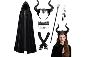 Tankermo 6 PCS Teufel Kostüm Damen,Teufel Zepter Umhang mit Kapuze,Teufelshörner Gotisch Sohren Heiligenschein Halskette Schmuck Handschuhe Teufel Kostüm für Junge Mädchen Halloween Karneval