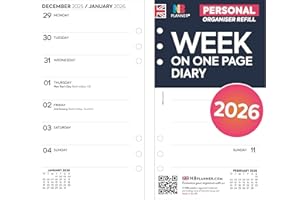 NBPLANNER Recambio de agenda semanal en una página para 2026, tamaño personal, para días festivos del Reino Unido, compatible con tamaño personal Filofax, 95 x 171 mm