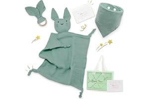 Feelhap Coffret Cadeau Naissance Bébé,Serviette de Bébé Jouets Coffret Naissance Bébé,100% Coton Mouchoir Serviette Apaisante,Bavoirs et Anneau de Dentition,Bébés Jouet pour Fille et Garçon (Vert)