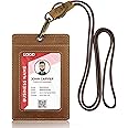 Leather ID Card Badge Holder: Boshiho Genuine Leather Office Lanyard Card Holder with Neck Lanyard Strap 1 ID Clear Window Vertical Style