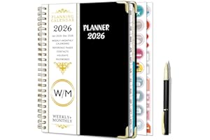 NEYSA Agenda 2026 Semainier Spirale de Janvier à Décembre (12 mois) A5 Agenda Scolaire semainier et mensuel Avec Autocollants de plan, Stylo,Onglets Mensuels, pochette (Noir)
