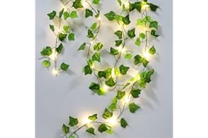 Jiusely Artificial Green Leaves, 6.5FT Fake Plants Artificial Plants with 20 LED Fairy Lights Vine Hanging Garland Hanging for Home Kitchen Garden Office Wedding Wall Decor Green