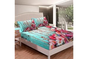 Homemissing Daisy Bedding Sheet Botanical Floral For Kids Blue Wooden Fitted Sheet Blossom Flowers 3Pcs Double Size