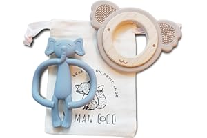 MAMAN COCO L’anneau de dentition bébé silicone alimentaire sans BPA avec le bois naturel - jouet de dentition bébé - Jouet éveil Montessori à Mordiller - Cadeau Naissance (Koala sand+Elephant Blue)