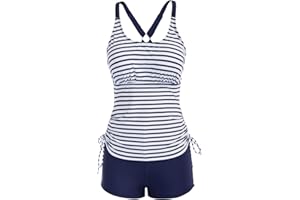 JASAMBAC Women's Strappy Tankini Swimsuits Drawstring Bathing Suits Two Piece Floral Print Swimwear with Shorts