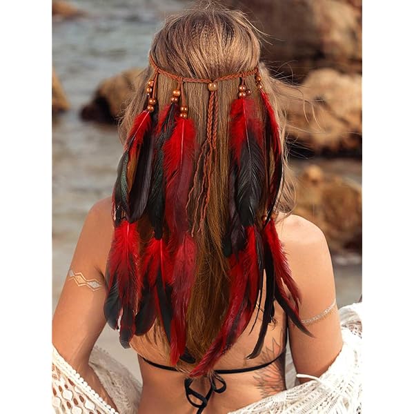 Bandeau Indien Bohème Femme Avec Plumes - 1 Bandeau + 2 Boucles D'Oreilles, Style Hippie