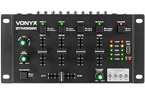Vonyx STM3025 Mezclador de 4 canales - USB MP3, tecnología inalámbrica Bluetooth, 4 entradas de línea RCA, 2 entradas de phono RCA, 2 entradas de micrófono de 6,35 mm, salida auriculares y master RCA