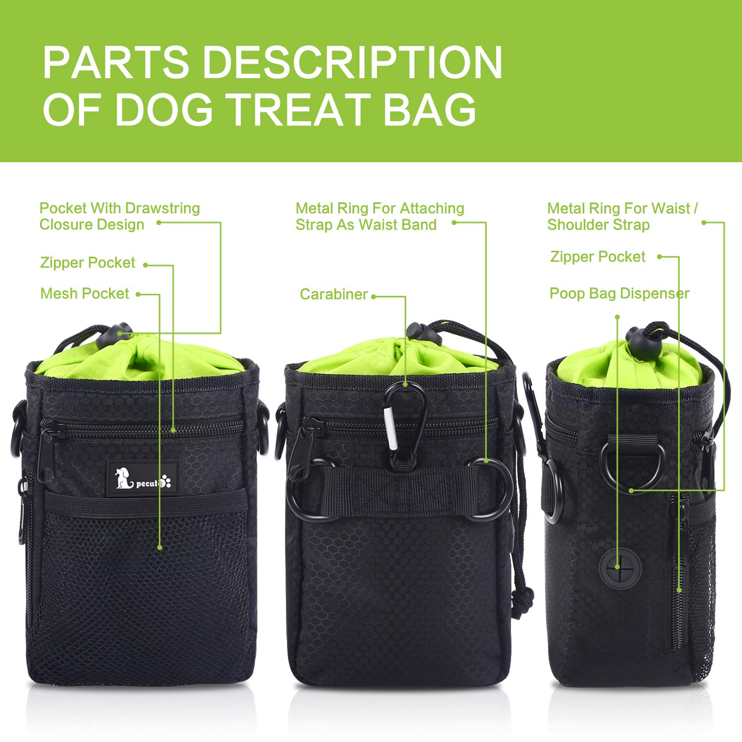Pecute Borsa Addestramento Cani in Tessuto Impermeabile, Cintura Regolabile e Tasche per Smartphone e Ciotola Silicone… - immagine 8