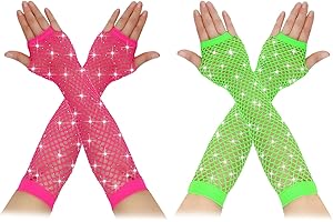 AFFEGIFTS Guantes de Rejilla para Niña - 2 Pares Largos con Diamantes de Agua, Sin Dedos, Brillantes para Fiesta 80, Vestidos de Lujo y Accesorios de Ropa