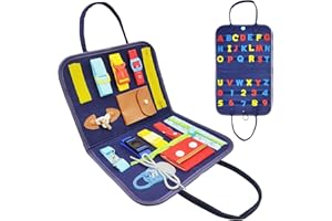 GOUJFOL Tablero Montessori para Niños, Tablero Ocupado Montessori Juguetes Niños, Busy Board Juguetes Montessori 1 2 3 años, Aprende a Vestir Habilidades Motoras Finas Aprendizaje di Alfabeto e Numeri (azul)