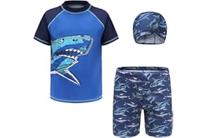 iiniim Niño Traje de Baño de Dos Pieza Camiseta Manga Corta + Pantalón Corto ara Playa Piscina Niños Ropa de Natación Bañadores para Niño con Sombrero Protección Solar UV
