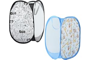 Hwtcjx 2 Pezzi Cestino Pieghevole con Manici Pop Up, Cesto Pieghevole Infantile di Tessuto, Cesto Portabiancheria in Rete, Cestino Organizzatore per Vestiti e Giocattoli, 30x30x48cm (Bianco e Blu)