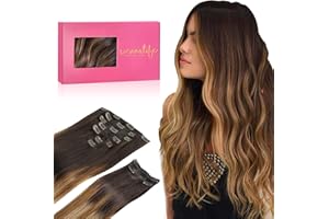 WENNALIFE Extensiones de Clip de Pelo Natural, Marrón Oscuro a Castaño y Rubio Sucio Resaltado 150g 40cm 9 Piezas Extensiones Pelo Natural Humano Extensiones Pelo Natural Clip Extensiones de Clip
