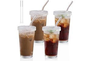 Noxtioanip 4 Pièces Verre à Eau avec Couvercle et Paille, 380 ml Tasse à Jus, Tasses à Café Rayés, Tasses en Verre à Café Glacé, Pour Smoothies, Thé, Cola, Jus de Fruits, Soda, Cafe, Cocktails