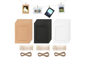 TWOBUD 30 Pack Cardboard Photo Frames 6"x4" 3 Colors Retro Kraft Paper Photo Frame Set with Mini Wooden Clips and Hemp Rope Picture Mats Hanging Album Frame for Home School Dorm Office Wall Party Decoration
