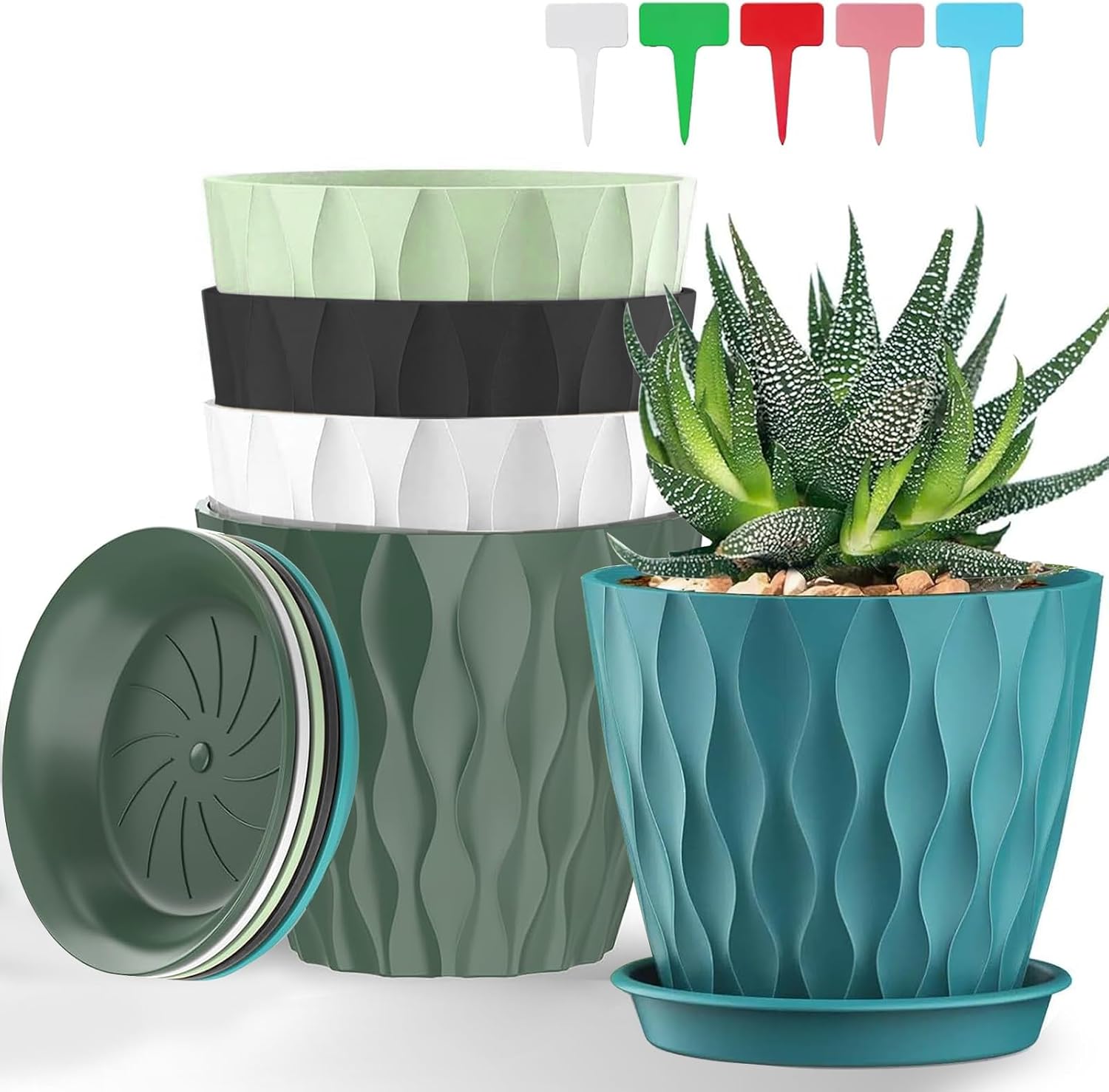 5 Piezas Macetero con Plato, 12.6CM Maceta Redonda de Plástico con 5 Etiquetas, Macetas con Platillo de Agujeros de Drenaje Maceteros Decorativos Interior para Balcón, Interior, Jardín (Multicolor)