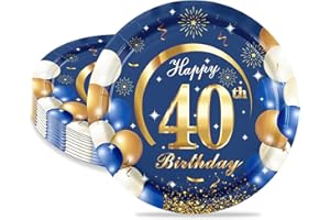 MORAINJAY 16 Pièces Assiette pour Fête Anniversaire 40 ans,7 Pouces/18cm Bleu Or Papier Assiette Dessert Plateau Vaisselle pour Décoration Anniversaire 40 ans Homme Femme