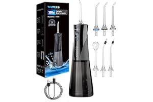 WAFLOO Jet Dentaire Hydropulseur, 5 Modes, 6 Embouts, Rechargeable, Portable, Réservoir de 300ML, Flosser Électrique, Étanchéité IPX7, Nettoyage des Dents Idéal pour Maison et Voyage (Noir)