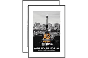 Hesmor Aluminum Acrylic A3 Picture Frame in Black, A3 Photo Frames 12 x 16.5 inch Size A3 Frame with Clear Plexiglass for Wall Mounting, Set of 2 A3 Poster Frame with Mount for A4 Print