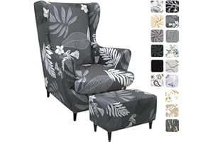 ‎ALISHOMTLL Alishomtll 3 Teilig Ohrensessel Überzug Mit Ottomane Schonbezug Stretch Sessel-Überwürfe Elastisch Sesselhusse Strandmon Tiger Stuhlbezug mit Armlehne Hohe Rückenlehne Universal (Grau Laub)