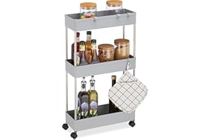 ‎RELAXDAYS Relaxdays Wózek wnękowy, tworzywo sztuczne, wys. x gł.: 70 x 15,5 x 40,5 cm, wąski regał wnękowy do łazienki i kuchni, 4 haczyki, 3 półki, szary