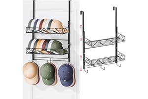 SWTYMIKI Over Door Hat Rack - 3 Tier Wall Mounted Hat Rack with 2 Adjustable Metal Basket and 3 Hooks, Hanging Baseball Cap Organizer Storage Holds up to 29 Caps for Door, Bedroom, Closet, Black