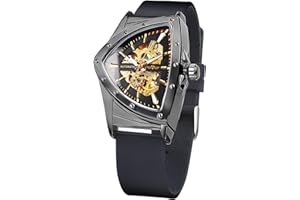 Forsining Montre squelette pour homme, montre mécanique automatique avec cadran triangulaire lumineux, remontage manuel, bracelet en acier inoxydable ou en silicone souple