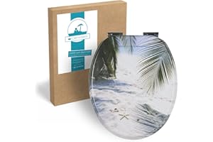 Calmwaters® WC Sitz mit Absenkautomatik, Strand-Motiv Südsee, Holzkern Toilettendeckel, Fast-Fix, Metallscharnier, universale O-Form, ovaler Klodeckel, Toilettensitz mit Motiv, WC Deckel, 26LP3472