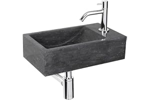‎DIFFERNZ Differnz Furan Naturstein Waschbecken, Steinwaschbecken Anthrazit, Chrom Waschtischarmaturen, Wasserhahn Rechts, Waschtisch Klein, 40x23x11cm