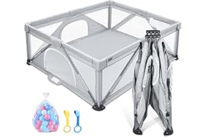 UBABY Parque de Juegos para Bebés 150 x 150 cm - Incluye Manta de Juegos + 50 Bolas + 4 agarres - Centro de Actividades para niños, Patio de juegos bebé con Bolsa Transporte (Autoplegable gris)