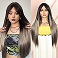 Queentas 24 Inch Black Brown Wigs for Women Natural Hair Straight Long Wig Full Head with Bangs Glueless Synthetic Wig