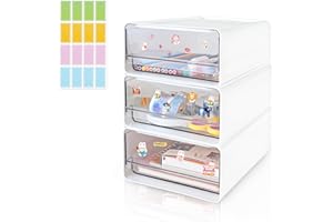 QLFJ-FURDEC 4 pezzi impilabili Scrivania Organize con 4 cassetti, cassettiera bianca trasparente con etichette, organizer da ufficio, scatola in plastica per trucco, casa, tavolo da toeletta (3 pezzi, bianco)