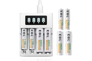 EBL LCD Chargeur de Piles Rechargeables- avec 4PCS AA 2800mAh et 4PCS AAA 1100mAh Piles Rechargeables 1.2V NI-MH, LCD Chargeur Intelligent