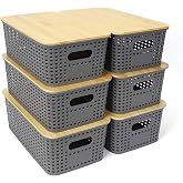 Storage Box with Bamboo Lid Storage Container Plastic Baskets with Handle for Shelves Drawers Desk Grey