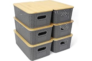 UHAPEER 6Pcs Storage Plastic Baskets with Bamboo lids, Lidded Storage Bins, Stackable Storage Boxes, Containers with Lid and Handle for Organizing Kitchen Classroom Closet Office Bathroom (Grey)