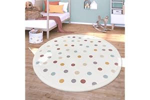 ‎TT HOME TT Home Waschbarer Teppich Krabbelmatte Babyzimmer Kinder rutschfest Flauschig Punkte, Farbe:Blau Gelb Creme, Größe:120 cm Rund