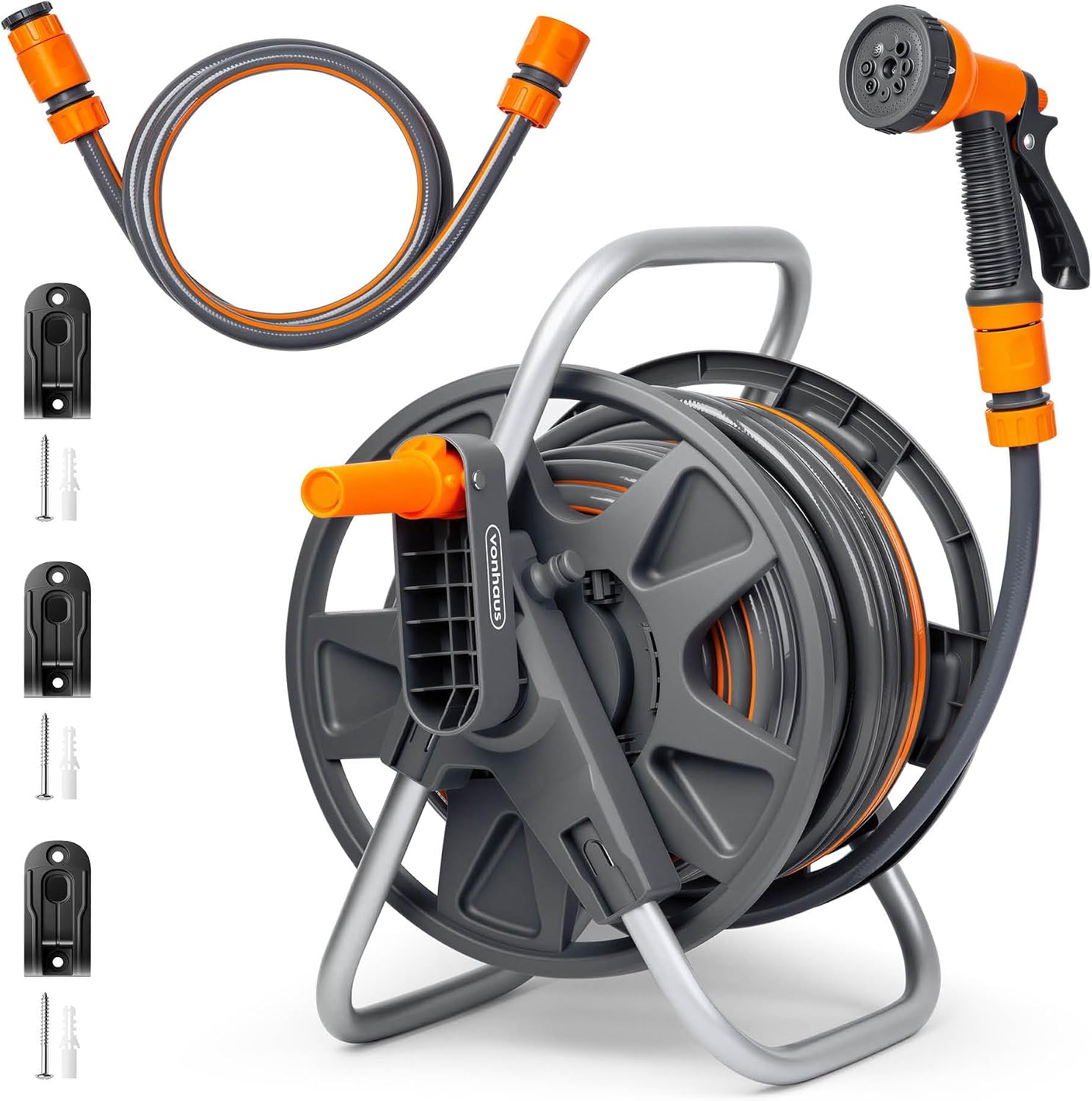 Vonhaus Garden Hose Reel 25m – 2-in-1 Hose Pipe Reel with 8-Pattern Spray Nozzle & 1/2" and 3/4" Fittings, Wall Mounted and Freestanding Heavy Duty Rewind Water Hose
