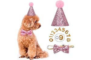 YODOOLTLY Geburtstagshut für Hunde - Haustier-Geburtstagshut und Fliege Halsband Set mit Nummer, wiederverwendbare Kopfbedeckung für Welpen, Katzen, Kostüme, Party-Dekorationen, Zubehör (Rosa)