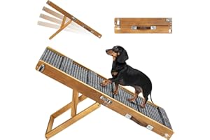 PAWABOO Foldable Dog Ramp for Couch, Small Dog Ramp for Bed Pet Ramps for Small Dogs Indoor, 4 Adjustable Height from 13.6" to 21", Stable Pet Steps with Non-Slip Pad, Use for Low Bed Couch Stairs, Walnut