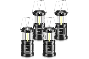 ILEEDear Paquete de 4 linternas LED para acampar, lampara camping, kit de supervivencia para huracanes, emergencias, tormentas, apagones (negro, plegable)