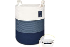 COMSE Extra Large Blanket Basket, Tall Woven Storage Basket, Nursery Hamper, 40 x 55 CM, Cotton Rope Laundry Hamper for Toys Clothes Towels, White/Cadet blue/Navy Blue