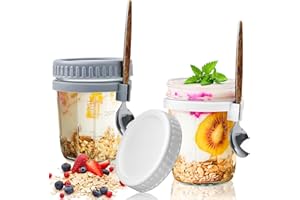 WuGU Overnight Oats 3 szklanek, 300 ml, Słoiki na owies na noc z łyżkami i pokrywką, szklane doniczki śniadaniowe, do sałatek, musli, dżemów, jogurtu