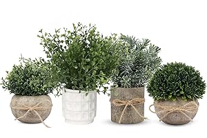 YVONNEYI 4Pcs Artificial Plants Indoor, Faux Plants for Indoors, Small Fake Plants Mini Greenery in White Pot for Home Bathroom Kitchen Office Room Shelf Decor