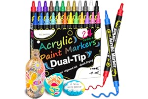 Alitastro Dual Tip Acrylic Paint Pens Marker Pens 24 Colors Arts and Crafts Acrylic Markers for Rock Painting Wood Glass Acrylic Paint Markers for Christmas Easter Egg Halleen Pumpkin (Dot&Fine Tip)