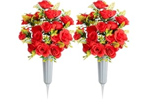 SIFOEL Lot de 2 Fleurs artificielles pour cimetière commémoratif - Bouquet de Fleurs avec Vase pour cimetière - Pierres tombales - Rouge (Red)