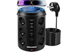 OBVHNUA 18 en 1 Multiprise Electrique 12 Prises 5 Ports USB Tour 10W Charge sans Fil Parasurtenseur 2500W/15A Prise Verticale avec Protection Contre Surcharges pour Bureau Maison Cuisine