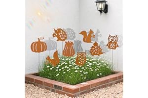 ZJKUBOIS Garden Decoration Rust for Outdoors, Garden Autumn Decoration, Metal for Autumn Decoration, Outdoor, Patina Rust Look, Garden Decoration with Hedgehog, Owl, Pumpkin, Squirrel for Indoor Flower Pot