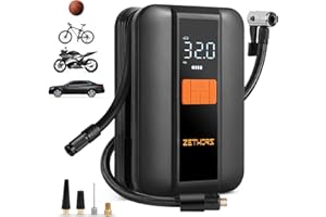 ZETHORS Compressore d'Aria Portatile 150 PSI Pompa Aria Elettrica con Batteria Ricaricabile da 6000 mAh, Tubo di Prolunga, LED, Auto-off Gonfiatore per Pneumatici per Auto, Moto, Biciclette e Palloni