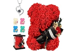 POHOMEGK Orso rosa artificiale, orsetto di peluche a con fiori, ideale come regalo per San Valentino, Festa della Mamma, regalo di compleanno, cerimonie nuziali, con scatola regalo trasparente